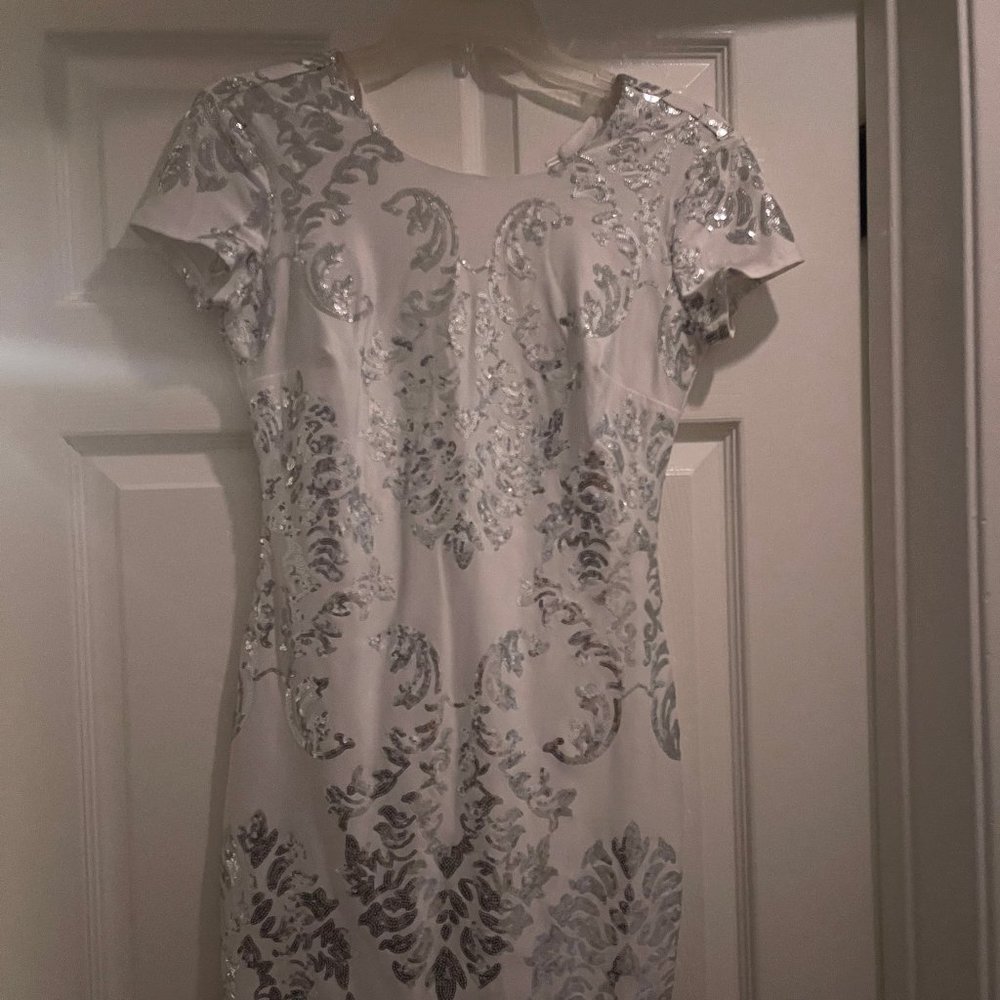 B Darlin WHITE Polyester Dress with Lining and Silver Sequence - Prom/Party